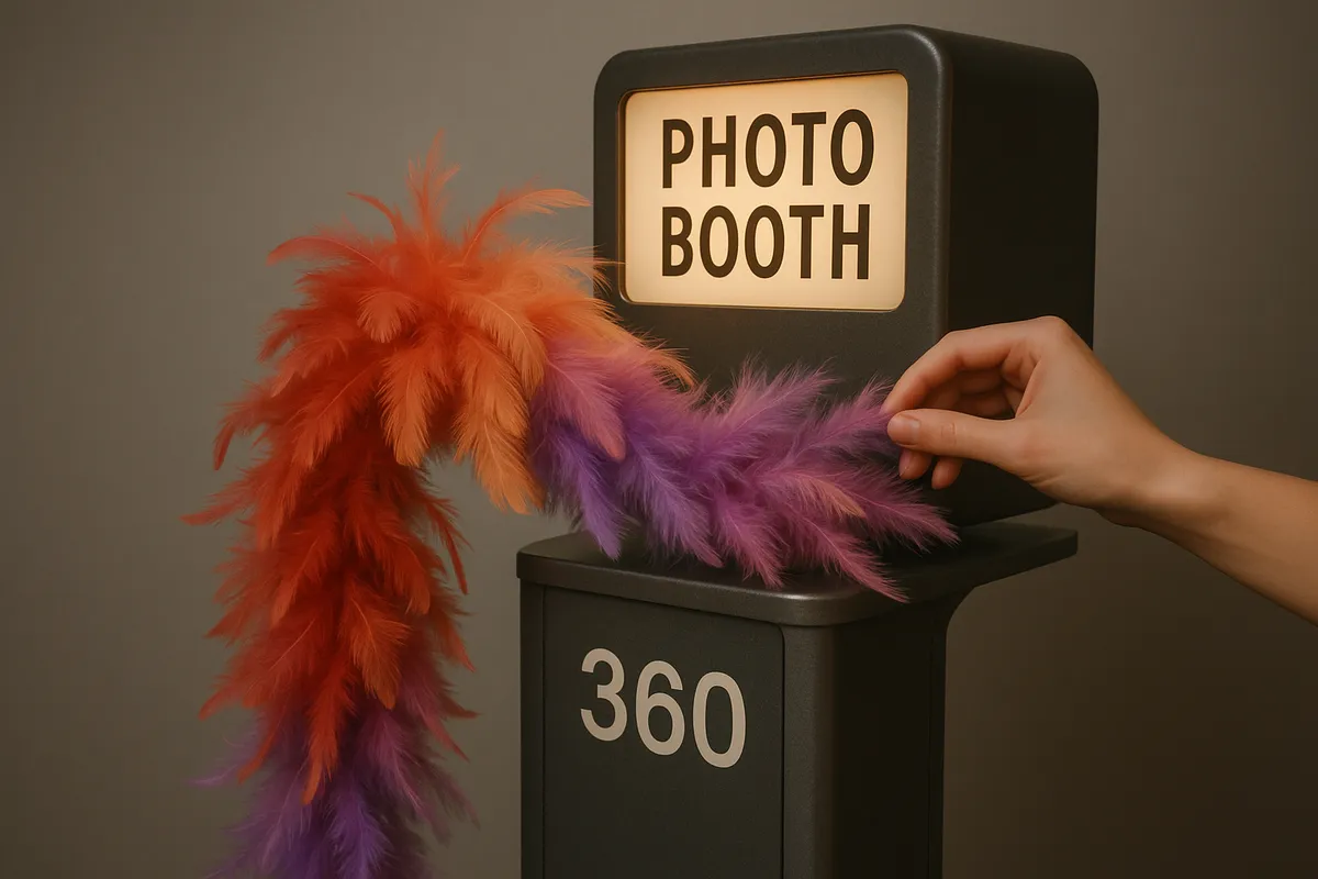 A vintage-inspired photo booth prop with a feather boa, highlighting the fun of a 360 photo booth experience.