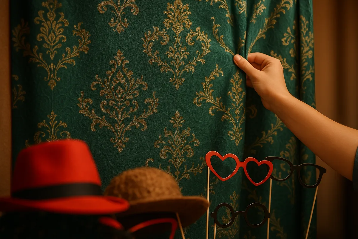 A close-up of a textured emerald green photo booth backdrop with gold patterns, as a person adjusts it.